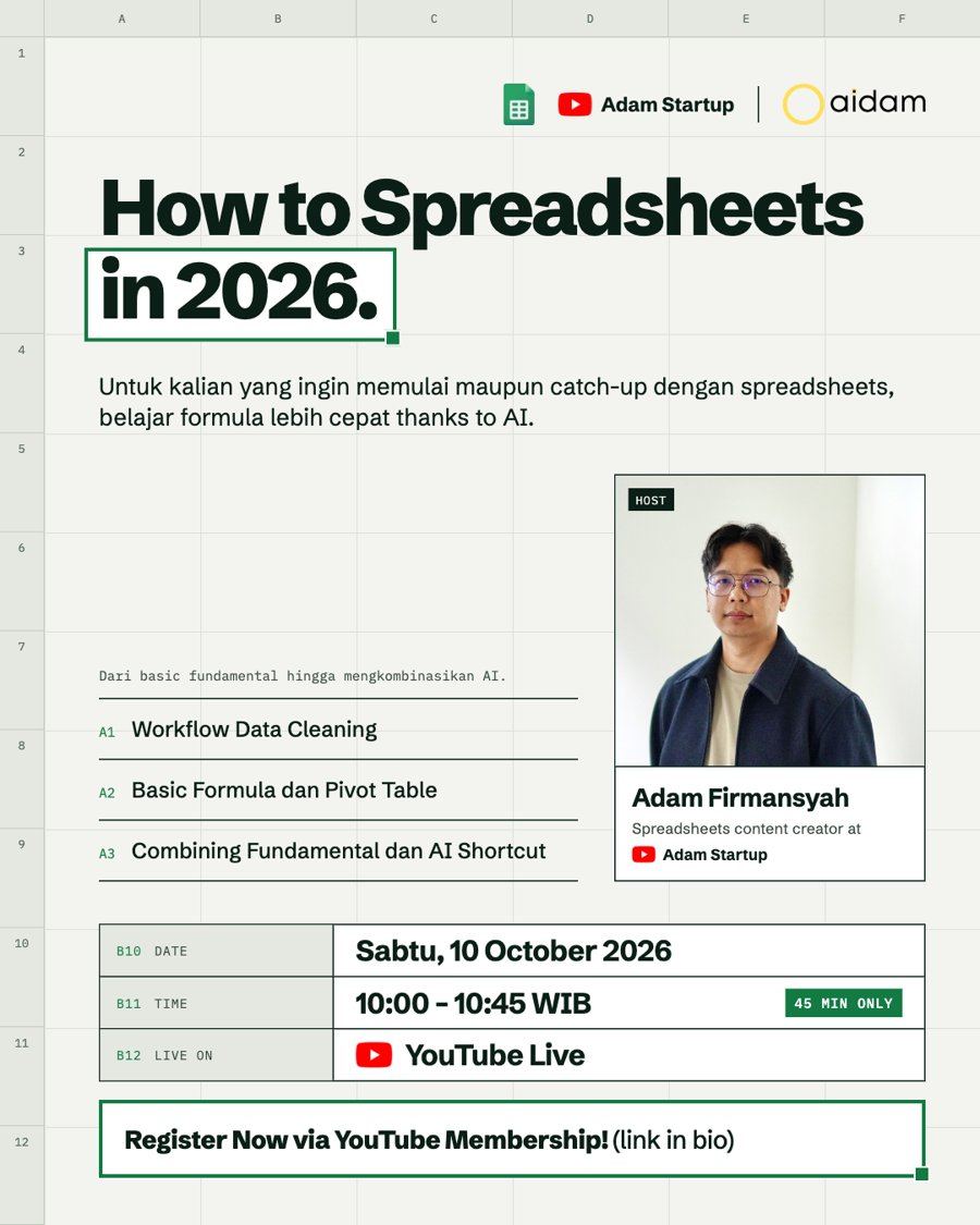 Poster: How to Spreadsheets in 2026 — live on YouTube, Saturday 10 October 2026, 10:00–10:45 WIB